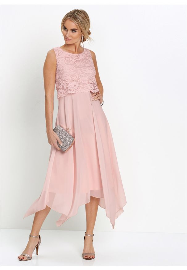 bonprix - Sukienka szyfonowa z koronką. Kolor: różowy. Materiał: szyfon, koronka. Wzór: koronka. Styl: elegancki, wizytowy