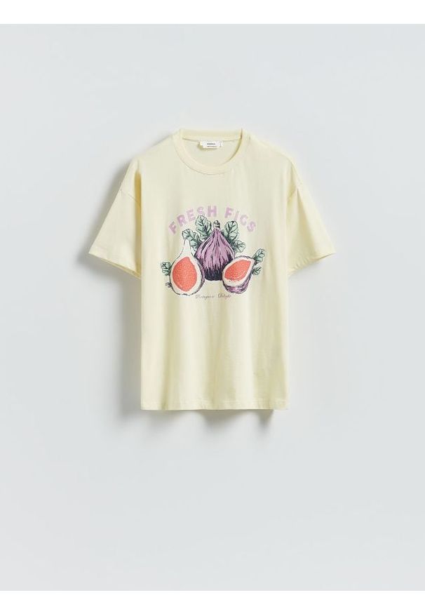 Reserved - T-shirt z nadrukiem - jasnożółty. Kolor: żółty. Materiał: dzianina, bawełna. Wzór: nadruk
