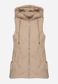 Born2be - Beżowa Casualowa Kamizelka z Kapturem i Pikowanymi Przeszyciami Caletta. Okazja: na co dzień. Typ kołnierza: kaptur. Kolor: beżowy. Materiał: jeans. Styl: casual #4