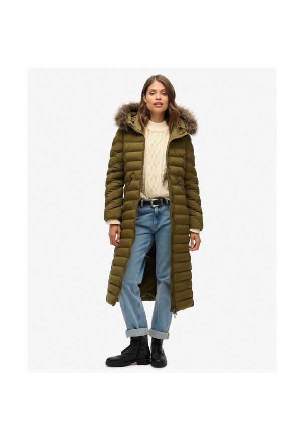 Superdry - Długi Płaszcz z Kapturem z Sztucznego Futra Fuji od SUPERDRY. Typ kołnierza: kaptur. Kolor: szary. Materiał: futro. Długość rękawa: długi rękaw. Długość: długie. Styl: elegancki