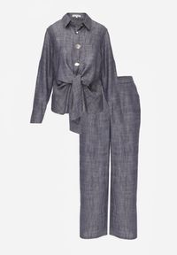 Renee - Niebieski Komplet z Wiskozą Bawełną i Lnem Wiązana Koszula i Szerokie Spodnie Ravisela. Kolor: niebieski. Materiał: wiskoza, bawełna, len #8