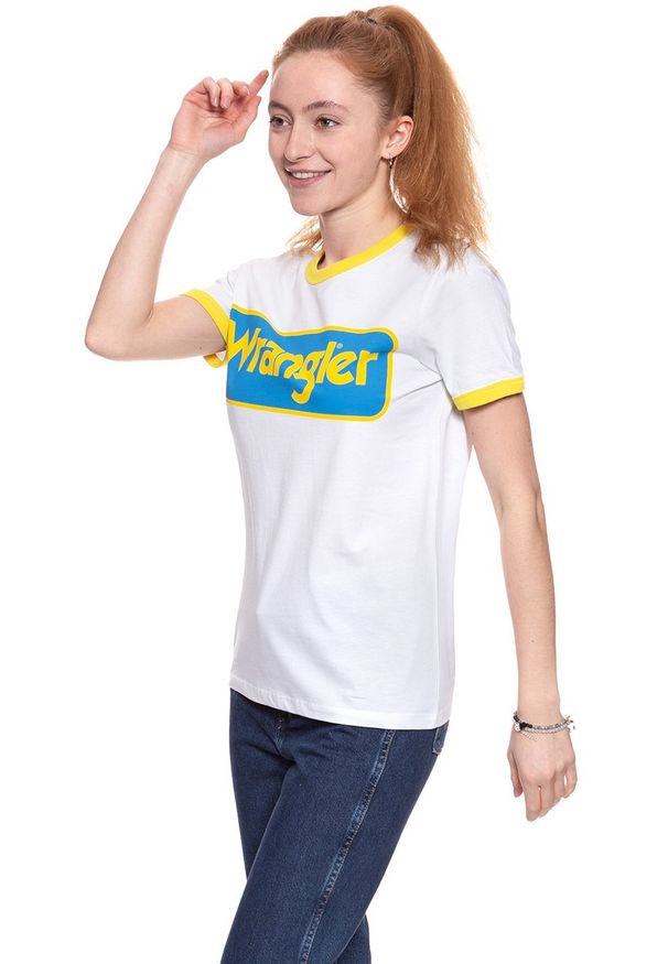 Wrangler - WRANGLER T SHIRT DAMSKI B&Y RINGER TEE WHITE W7C42FK12. Wzór: kolorowy, nadruk