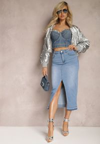 Renee - Niebieska Jeansowa Spódnica Midi High Waist z Rozcięciem Lushio. Stan: podwyższony. Kolor: niebieski. Materiał: jeans. Styl: klasyczny