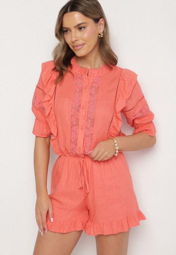 Born2be - Pomarańczowy Kombinezon z Lnu i Wiskozy w Stylu Boho z Falbankami i Koronką Linalisse. Okazja: na co dzień. Kolor: pomarańczowy. Materiał: koronka, wiskoza, len. Wzór: koronka. Styl: boho