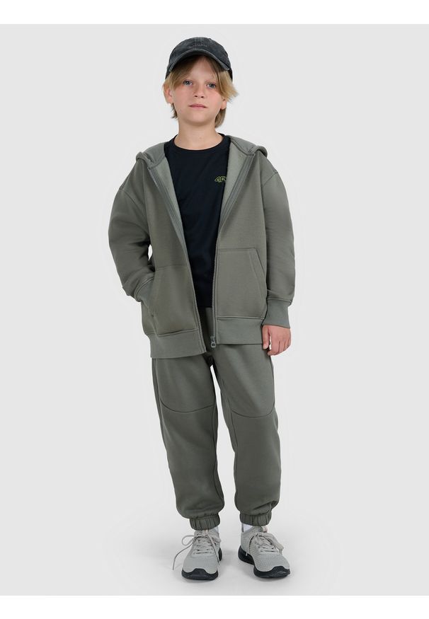 4f - 4F Bluza dresowa rozpinana z kapturem chłopięca - szara 140 (9-10 lat). Okazja: na co dzień. Typ kołnierza: kaptur. Kolor: szary. Materiał: dresówka. Wzór: gładki, nadruk. Sezon: lato. Styl: casual, klasyczny, sportowy