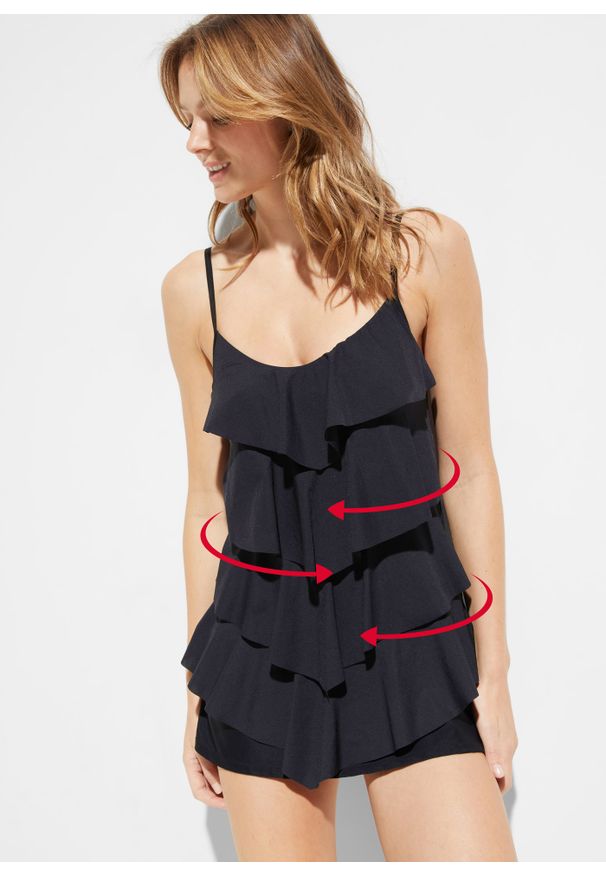 bonprix - Sukienka kąpielowa shape, średni stopień modelowania sylwetki. Kolor: czarny. Materiał: materiał. Długość rękawa: na ramiączkach