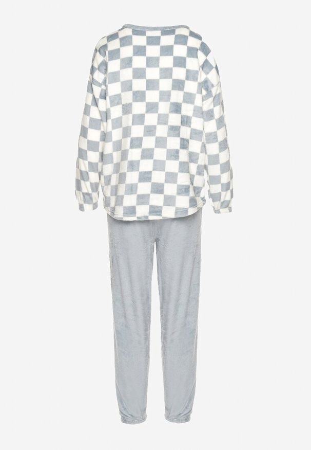 Born2be - Jasnoniebieski Komplet Piżamowy Bluzka w Motywem Szachownicy i Spodnie z Gumką w Pasie Aeloma. Kolor: niebieski. Materiał: jeans. Długość: długie. Wzór: aplikacja