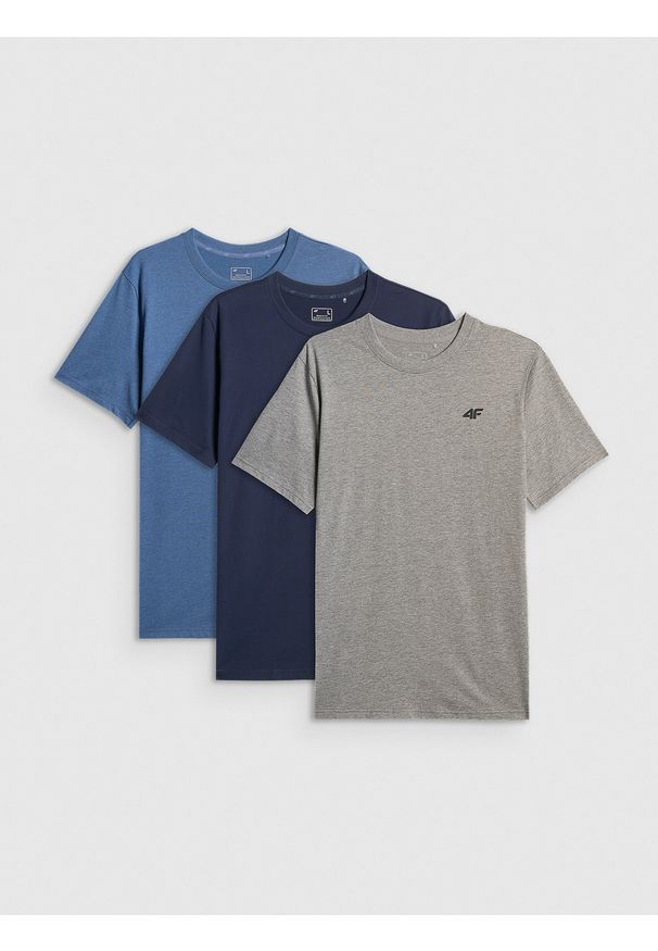4f - 4F T-shirt regular gładki męski (3-pack) - szary+czarny+granatowy S. Okazja: na co dzień. Kolor: wielokolorowy. Materiał: bawełna, jeans, materiał. Wzór: gładki. Styl: casual, klasyczny