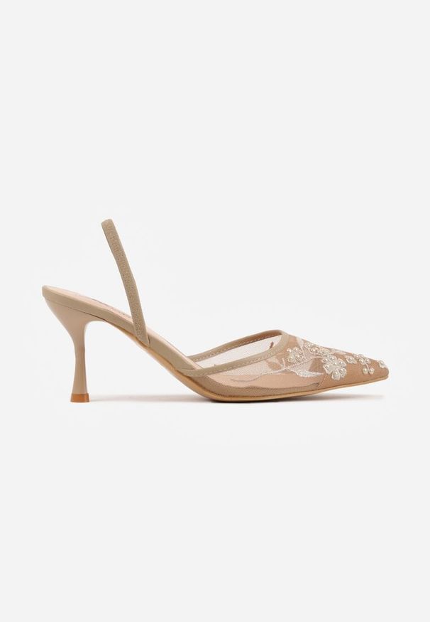 Born2be - Ciemnobeżowe Sandały na Szpilce z Koronką Caskstar. Kolor: beżowy. Materiał: koronka. Wzór: koronka. Obcas: na szpilce. Styl: klasyczny, elegancki
