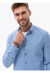 Ombre Clothing - Bawełniana koszula męska z printem w drobną kratę REGULAR FIT - biało-niebieska V2 K638 - XL. Kolor: biały. Materiał: bawełna. Wzór: nadruk