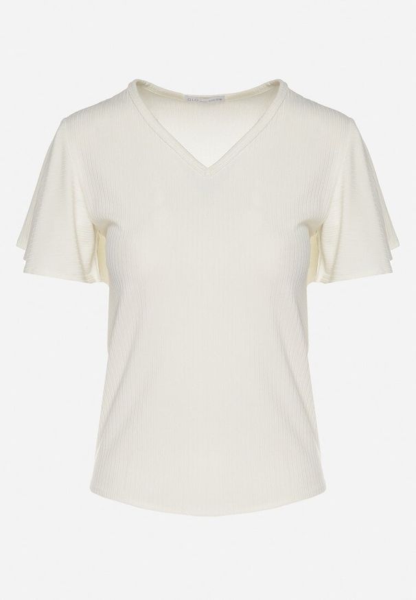 Born2be - Beżowa Bluzka z Szerokimi Rękawami Sunevia. Okazja: na co dzień. Typ kołnierza: dekolt w kształcie V. Kolor: beżowy. Materiał: jeans. Styl: casual, elegancki