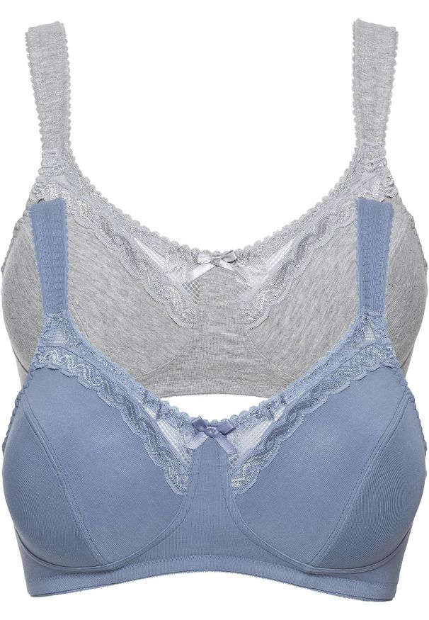 bonprix - Biustonosz bez fiszbinów z bawełną organiczną (2 szt.). Kolor: szary. Materiał: bawełna. Wzór: aplikacja