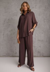 Renee - Brązowy Komplet z Wiskozy i Lnu w Delikatne Prążki Koszula i Spodnie Wide Leg Cliffesa. Kolor: brązowy. Materiał: wiskoza, len. Wzór: prążki #5