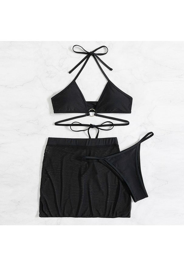 Intica - Strój kąpielowy bikini z kółeczkiem i pareo na plażę Neljana. Kolor: czarny. Materiał: materiał