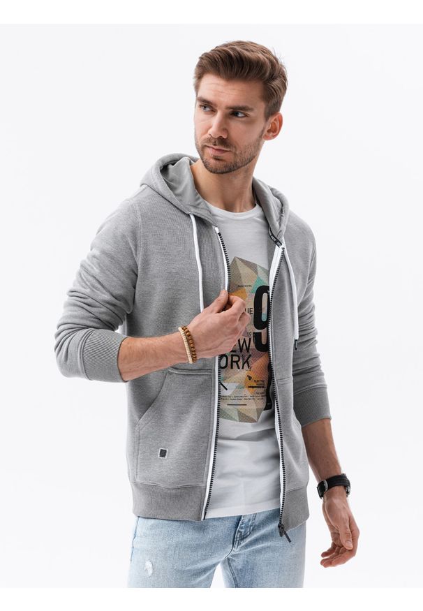 Ombre Clothing - Bluza męska rozpinana z kapturem BASIC - szary melanż V7 - Rozmiar: XL. Typ kołnierza: kaptur. Kolor: szary. Materiał: bawełna, poliester. Wzór: melanż