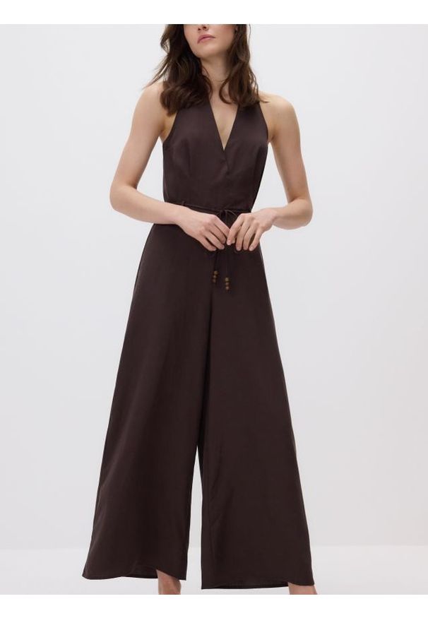 Reserved - Kombinezon z lyocellu - ciemnobrązowy. Kolor: brązowy. Materiał: len. Typ sukienki: proste