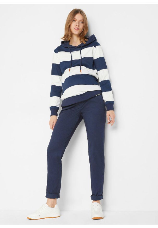 bonprix - Bluza z kapturem z czystej bawełny. Typ kołnierza: kaptur. Kolor: niebieski. Materiał: bawełna. Wzór: paski