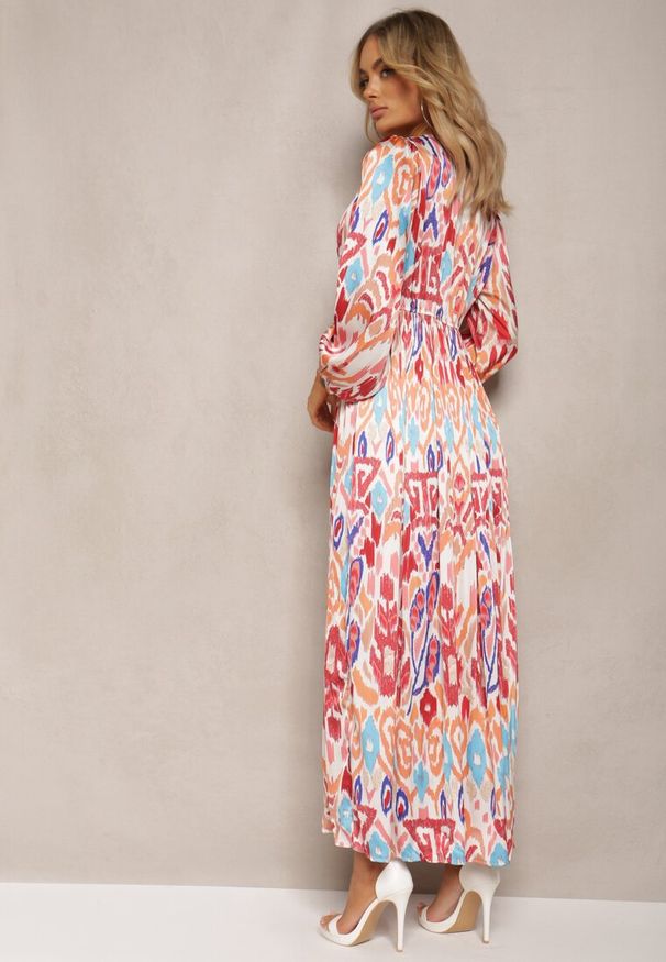 Renee - Bordowa Rozkloszowana Sukienka z Elastyczną Gumką w Talii w Stylu Boho Mizza. Okazja: na imprezę. Typ kołnierza: dekolt w serek. Kolor: czerwony. Styl: boho