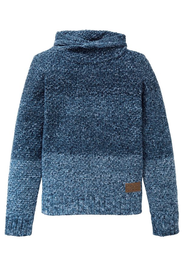 Sweter chłopięcy dzianinowy bonprix niebieski. Kolor: niebieski. Materiał: dzianina, materiał, akryl. Wzór: aplikacja