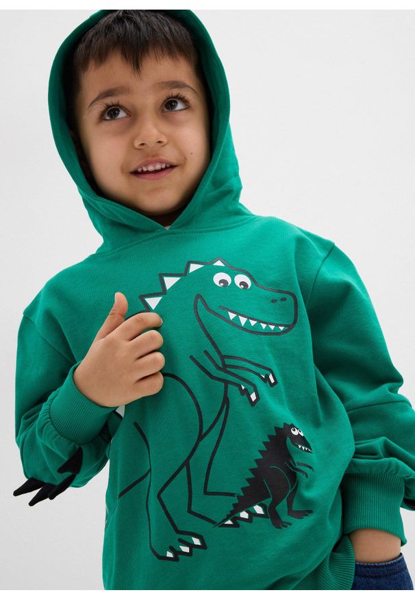 bonprix - Bluza z kapturem z czystej bawełny organicznej. Typ kołnierza: kaptur. Kolor: zielony. Materiał: bawełna. Wzór: nadruk