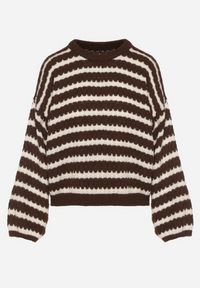 Born2be - Ciemnobrązowy Sweter Oversize z Wełną i Wiskozą o Luźnym Splocie w Paski Ternose. Okazja: na co dzień. Kolor: brązowy. Materiał: wełna, wiskoza. Wzór: ze splotem, paski. Styl: klasyczny, casual #5