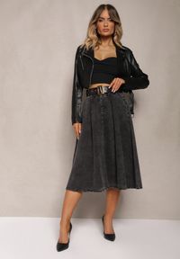 Renee - Czarna Rozkloszowana Spódnica Jeansowa Midi z Paskiem Wendlla. Kolor: czarny. Materiał: jeans #3