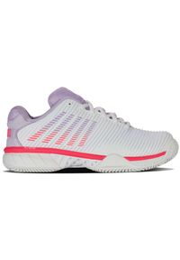 Buty do tenisa damskie K-Swiss Hypercourt Express 2. Zapięcie: sznurówki. Kolor: czerwony, biały, fioletowy, wielokolorowy. Materiał: syntetyk, tkanina, materiał. Szerokość cholewki: normalna. Sport: tenis
