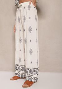 Renee - Beżowo-Szary Komplet w Stylu Boho Bluzka z Krótkim Rękawem i Luźne Spodnie Divorine. Kolor: beżowy. Materiał: materiał #4
