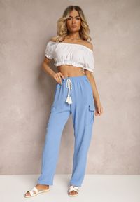 Renee - Niebieskie Spodnie High Waist o Kroju Bojówek z Kieszeniami Wykończone Gumką w Pasie Efiene. Okazja: na co dzień. Stan: podwyższony. Kolor: niebieski. Styl: casual #3