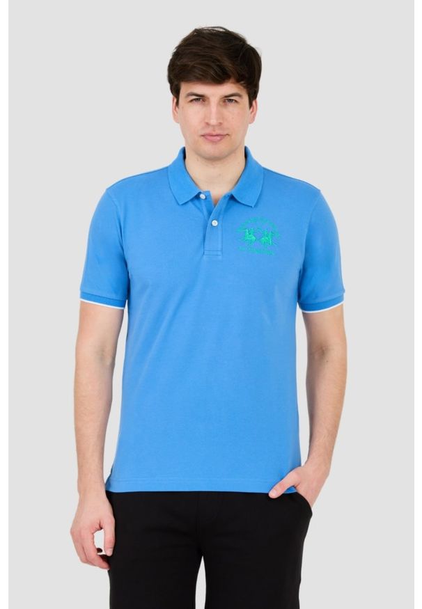 La Martina - LA MARTINA Niebieskie męskie polo z dużym logo, Rozmiar XXL. Typ kołnierza: polo. Kolor: niebieski
