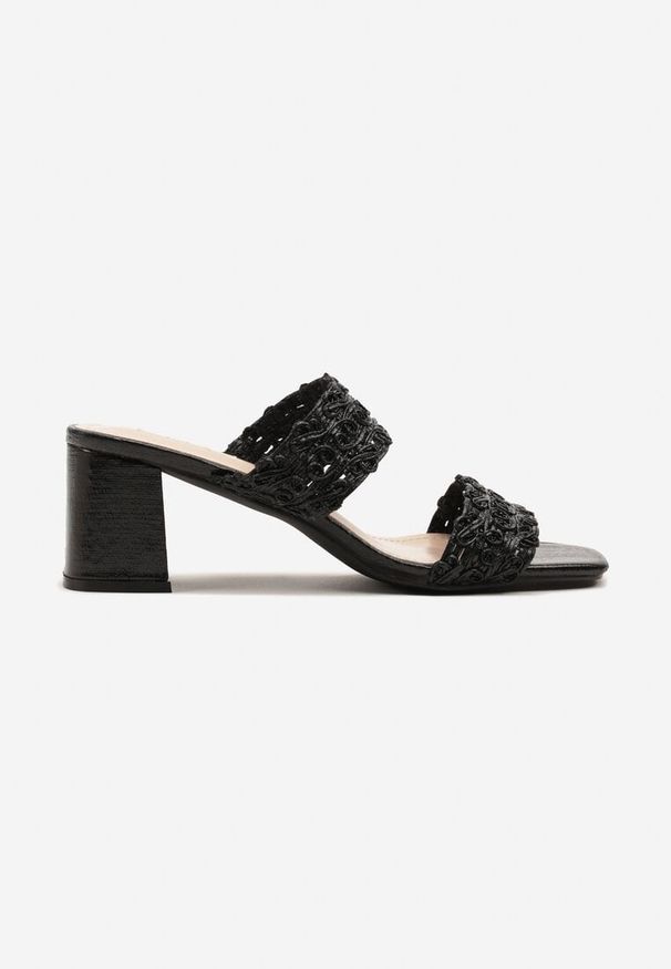 Born2be - Czarne Klapki na Obcasie z Plecioną Cholewką Tomaria. Okazja: na co dzień. Kolor: czarny. Materiał: jeans. Obcas: na obcasie. Styl: elegancki, casual. Wysokość obcasa: średni