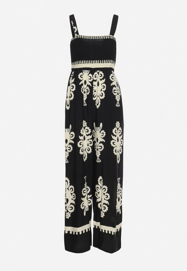 Born2be - Czarno-Beżowy Kombinezon z Wiskozy na Ramiączkach z Marszczoną Górą i Długimi Nogawkami Teseria. Okazja: na co dzień. Kolor: czarny. Materiał: wiskoza. Długość rękawa: na ramiączkach. Długość: długie. Styl: klasyczny, casual, elegancki