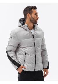 Ombre Clothing - Kurtka męska zimowa pikowana z lampasem - jasnoszara V10 - Rozmiar: M. Kolor: szary. Materiał: poliester. Sezon: zima. Styl: sportowy #1