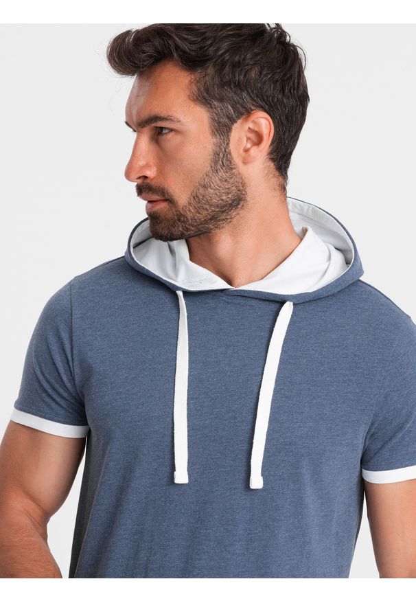 Ombre Clothing - Casualowy męski t-shirt bawełniany z kapturem – ciemnoniebieski melanż V12. Okazja: na co dzień. Typ kołnierza: kaptur. Kolor: niebieski. Materiał: bawełna. Wzór: melanż. Styl: casual