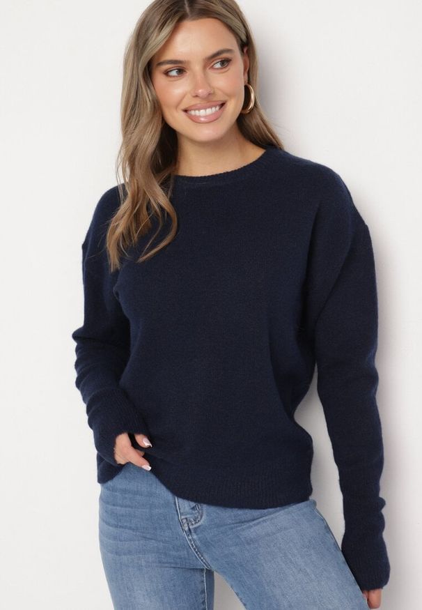 Born2be - Granatowy Sweter z Domieszką Wełny Parizia. Kolor: niebieski. Materiał: wełna. Styl: klasyczny, elegancki