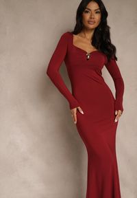 Renee - Bordowa Sukienka Koktajlowa z Wiskozą i Metaliczną Klamrą przy Dekolcie Refire. Okazja: na imprezę. Kolor: czerwony. Materiał: wiskoza. Styl: wizytowy. Długość: maxi #3