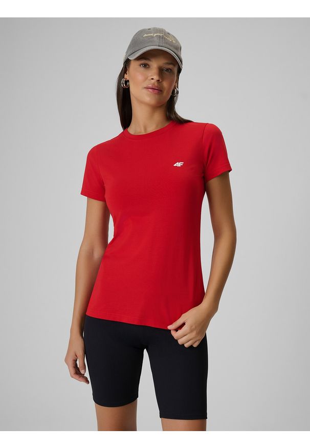 4f - 4F T-shirt slim gładki damski - czerwony L. Okazja: na co dzień. Kolor: czerwony. Materiał: materiał, bawełna, jeans, skóra. Wzór: gładki. Styl: klasyczny, casual