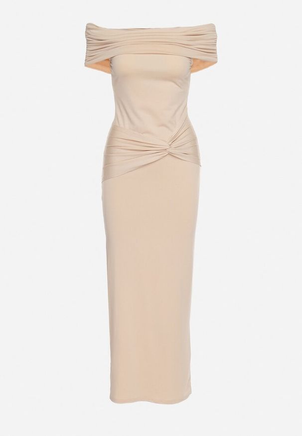 Born2be - Beżowa Sukienka z Wywiniętym Hiszpańskim Dekoltem o Dopasowanym Fasonie Piremia. Okazja: na co dzień. Kolor: beżowy. Materiał: tkanina, skóra. Długość rękawa: bez rękawów. Sezon: lato. Typ sukienki: proste, dopasowane. Styl: casual, klasyczny