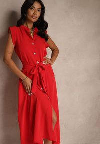 Renee - Czerwona Sukienka z Paskiem Koszulowa o Rozkloszowanym Fasonie Mavoselle. Okazja: na co dzień. Kolor: czerwony. Materiał: jeans. Typ sukienki: koszulowe. Styl: elegancki, casual #4