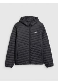 4f - 4F Kurtka z wypełnieniem syntetycznym męska - czarna S. Okazja: na co dzień. Typ kołnierza: kaptur. Kolor: czarny. Materiał: syntetyk. Wzór: jodełka. Styl: casual #1