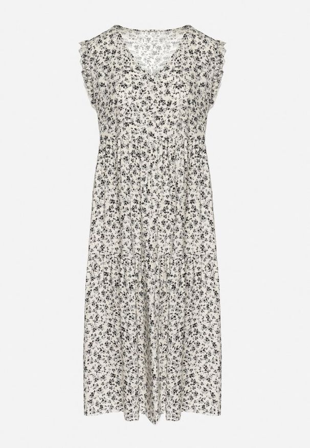 Born2be - Beżowo-Granatowa Bawełniana Sukienka o Rozkloszowanym Kroju z Falbanami i Dekoltem w Serek Ifforine. Okazja: na co dzień. Typ kołnierza: dekolt w serek. Kolor: beżowy. Materiał: bawełna. Styl: casual, elegancki