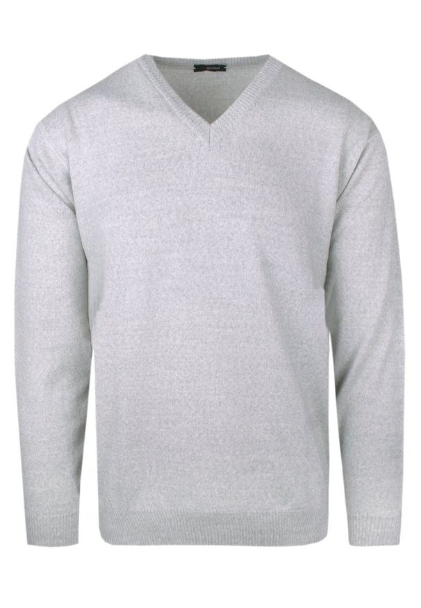 Męski Sweter Wełniany (V-neck) - Max Sheldon - Jasny Popiel. Materiał: akryl, wełna. Sezon: zima, jesień. Styl: klasyczny