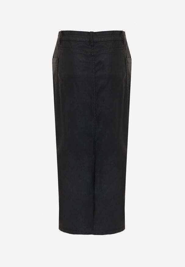Renee - Czarna Ołówkowa Spódnica Midi High Waist z Ekoskóry Adaulfo. Okazja: na co dzień. Stan: podwyższony. Kolor: czarny. Wzór: aplikacja. Styl: casual, klasyczny, elegancki