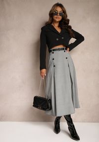 Renee - Szaro-Czarna Spódnica o Rozkloszowanym Kroju High Waist z Guzikami Paskiem i Gumką w Talii Verianne. Stan: podwyższony. Kolor: szary. Materiał: tkanina #5