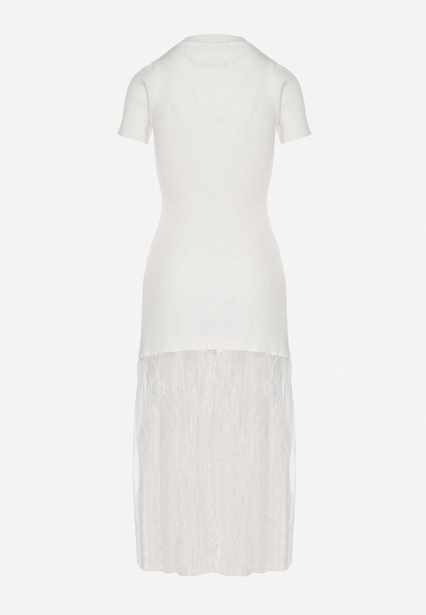 Born2be - Biała Prążkowana Sukienka z Koronkowym Dołem Vilzedi. Kolor: biały. Materiał: koronka, prążkowany. Typ sukienki: proste. Styl: glamour, elegancki