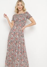 Born2be - Czarno-Beżowa Sukienka Hiszpanka Długa z Bawełny w Kwiatowy Print Mrosa. Typ kołnierza: dekolt hiszpanka. Kolor: czarny. Materiał: bawełna. Wzór: kwiaty, nadruk. Sezon: wiosna, lato. Typ sukienki: z odkrytymi ramionami. Styl: boho, elegancki. Długość: maxi #4