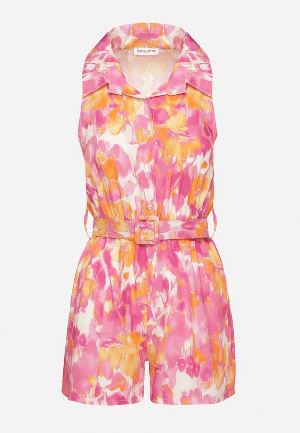 Born2be - Fuksjowy Wiskozowy Kombinezon o Koszulowym Kroju Bez Rękawów z Paskiem Tolivia. Okazja: na co dzień. Kolor: różowy. Materiał: wiskoza. Długość rękawa: bez rękawów. Długość: krótkie. Styl: elegancki, casual
