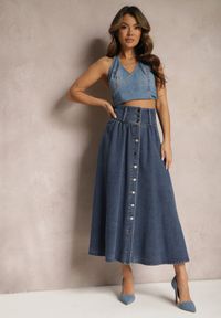 Renee - Granatowa Jeansowa Spódnica Maxi z Guzikami z Bawełny Rachellia. Kolor: niebieski. Materiał: jeans, bawełna