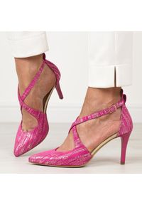 Szpilki damskie, sandały Prestige Fuksja Skóra S12 2281. Kolor: różowy. Materiał: skóra, zamsz. Obcas: na szpilce