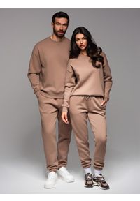 Ombre Clothing - Klasyczna dresowa bluza unisex z okrągłym dekoltem – brązowa V16 OU-SNBC-0104 - XL/XXL. Kolor: brązowy. Materiał: dresówka. Wzór: aplikacja. Styl: klasyczny